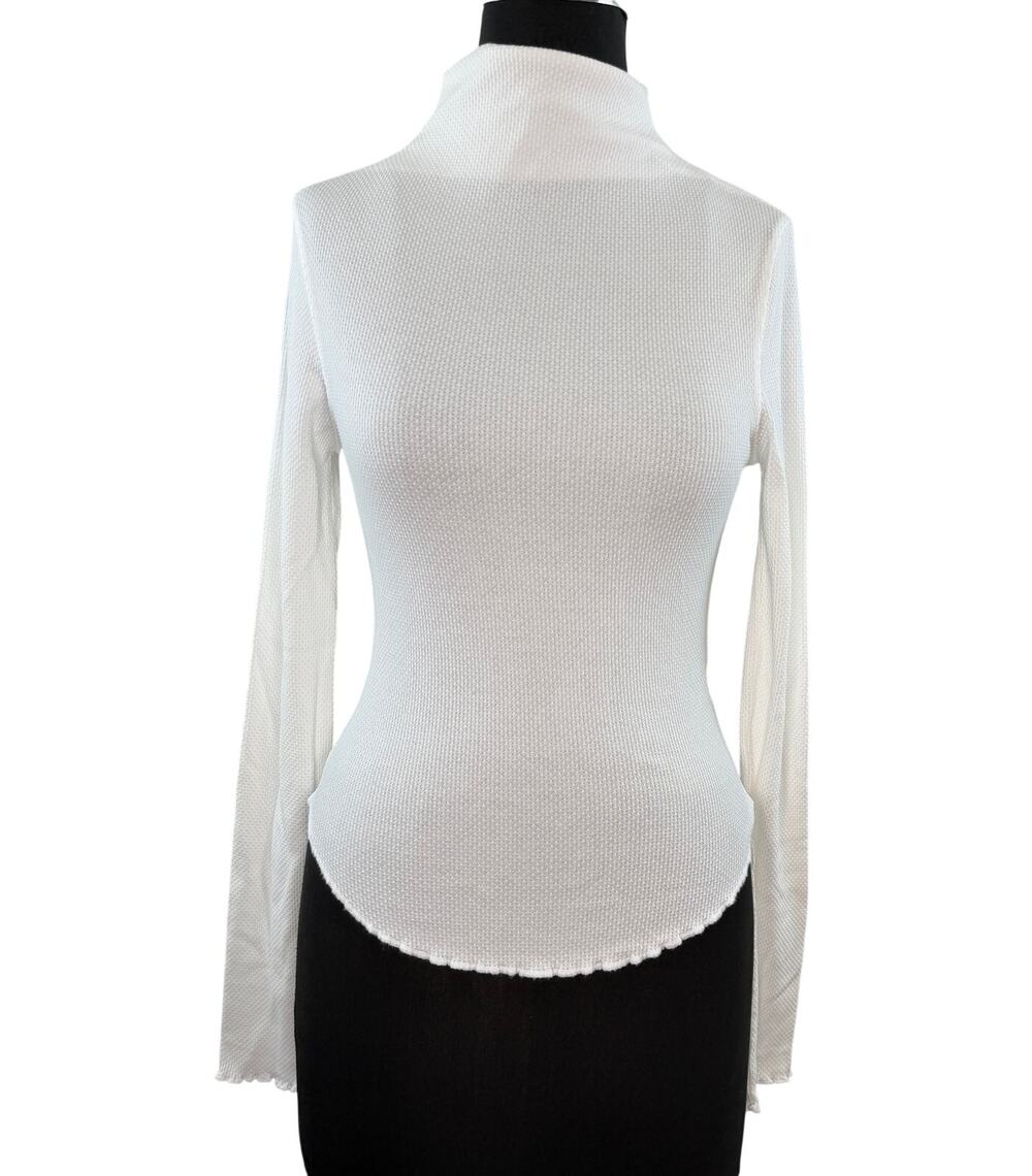 We The Free People White Blouse Cotton Waffle Knit Mock Curved Hem Small S NWOT